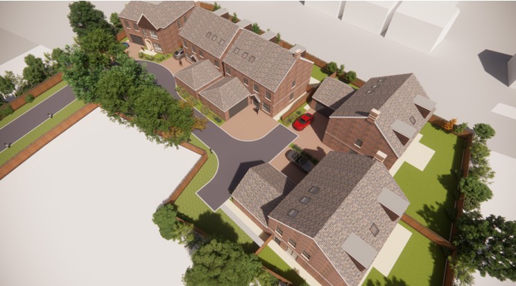 Aerial visualisation of a small scheme of new homes